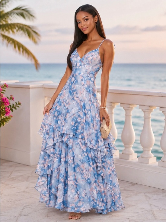 Lovely Loona Boutique Dresses & Skirts - Sky Blue Floral Tiered Maxi Dress with Spaghetti Straps